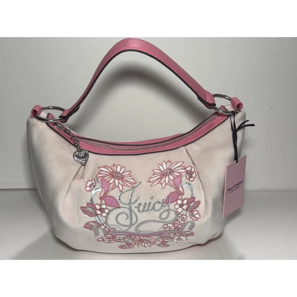 Juicy Couture Hobo Bag Juicy In Bloom Powder Blush Pink Velour Floral Y2K